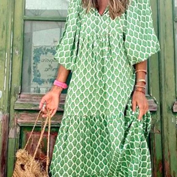 BEAUTIFUL GREEN MEDIUM 3 TIER GRANNY DRESS OPEN COLLAR WITH ROPE MIDI DRESS - Picture 4 of 4